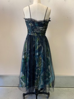 Womens, Evening Gown, NO LABEL, Black, Blue, Yellow, White, Lime Green, Polyester, Insects Print, W25, B32, Spaghetti Strap, V Neck, Butterfly Print with Tulle Layer on Top, Ruffled Trim, Side Zipper