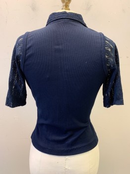 Radlee, Navy Blue, Nylon, Solid, S/S, C.A., Tank Shirt with Lace Sleeves and Collar, 3 Buttons
