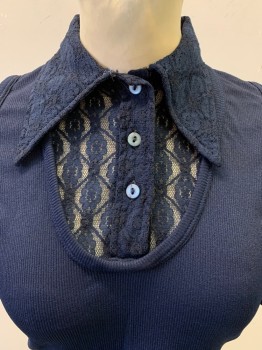 Womens, Blouse, Radlee, Navy Blue, Nylon, Solid, B34, S/S, C.A., Tank Shirt with Lace Sleeves and Collar, 3 Buttons