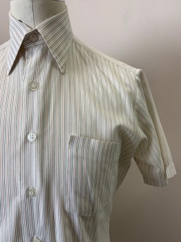 SEARS, Cream, Brick Red, Olive Green, Tan Brown, Polyester, Cotton, Stripes - Vertical , S/S, Button Front, Collar Attached, Chest Pocket