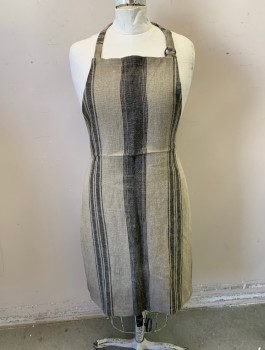 N/L, Oatmeal Brown, Black, Linen, Stripes - Vertical , No Pockets, Adjustable D-Ring at Neck Strap, Self Ties at Sides, a Little Dirty/Aged