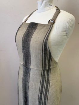N/L, Oatmeal Brown, Black, Linen, Stripes - Vertical , No Pockets, Adjustable D-Ring at Neck Strap, Self Ties at Sides, a Little Dirty/Aged