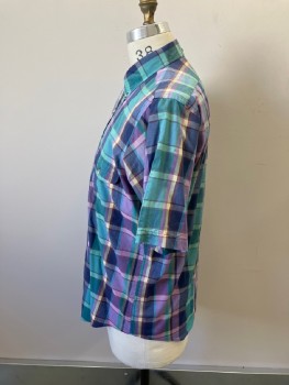Mens, Casual Shirt, GANT, Turquoise Blue, Lavender Purple, Navy Blue, Cream, Poly/Cotton, Plaid, 15.5, M, Btn Down Collar, B.F., S/S, 1 Flap Pckt, Yoke with Back Box Pleat And Hang Loop