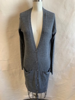 HALOGEN, Dk Gray, Wool, Acrylic, V-neck, Single Breasted, Button Front, 6 Buttons, 2 Pockets