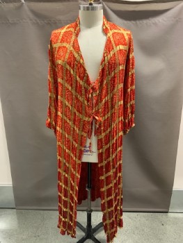 N/L, Red, Gold, Cream, Yellow, Silk, Polyester, Plaid, Dots, Band Collar, Left Side Tie, Wide Sleeve, 2 Front Slits