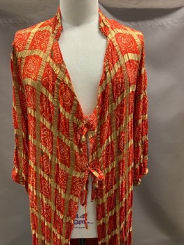 N/L, Red, Gold, Cream, Yellow, Silk, Polyester, Plaid, Dots, Band Collar, Left Side Tie, Wide Sleeve, 2 Front Slits