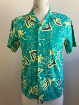 Mens, 1980s Vintage, P1, LAGUNA, M, Turquoise/ Yellow, Hawaiian Print, C.A., B.F., S/S, 1 Pocket