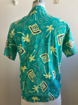 Mens, 1980s Vintage, P1, LAGUNA, M, Turquoise/ Yellow, Hawaiian Print, C.A., B.F., S/S, 1 Pocket