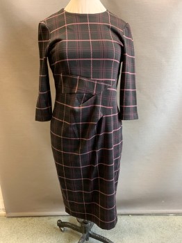 Womens, Dress, Long & 3/4 Sleeve, M&S COLLECTION, Black, Maroon Red, Pink, Polyester, Viscose, Plaid-  Windowpane, W33, B38, H38, Center Back Zipper, Round Neck, Waist Darts for Detail, Center Back Vent, Knit,