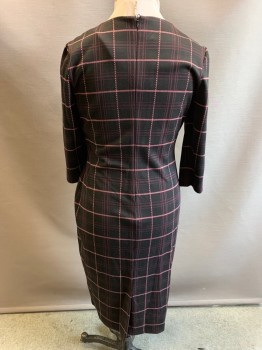 Womens, Dress, Long & 3/4 Sleeve, M&S COLLECTION, Black, Maroon Red, Pink, Polyester, Viscose, Plaid-  Windowpane, W33, B38, H38, Center Back Zipper, Round Neck, Waist Darts for Detail, Center Back Vent, Knit,