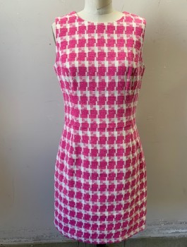 Womens, Dress, Sleeveless, BROOKS BROTHERS, Pink, White, Cotton, Polyester, Check , Sz.8, Oversized Check Pattern, Round Neck, Sheath Dress, Knee Length, Invisible Zipper in Back