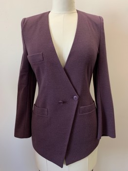 SONIA RYKIEL, Plum Purple, Wool, Solid, 2 Buttons, Double Breasted, V Neck, 3 Pockets, Shoulder Pads