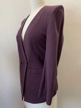SONIA RYKIEL, Plum Purple, Wool, Solid, 2 Buttons, Double Breasted, V Neck, 3 Pockets, Shoulder Pads