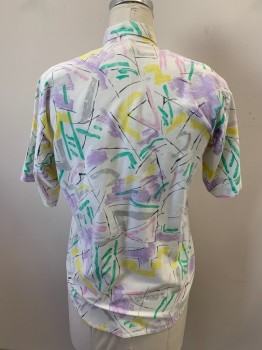 Womens, Shirt, SM COLLECTION, White, Multi-color, Cotton, Abstract , L, C.A., B.F., S/S, 1 Pckt, Lavender, Yellow, Turquoise, And Black Colors *Stains At Back*