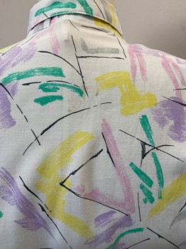 Womens, Shirt, SM COLLECTION, White, Multi-color, Cotton, Abstract , L, C.A., B.F., S/S, 1 Pckt, Lavender, Yellow, Turquoise, And Black Colors *Stains At Back*