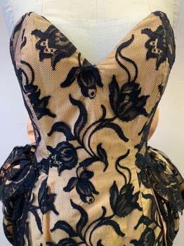 Womens, Cocktail Dress, NO LABEL, Iridescent Orange, Black, Polyester, Floral, W26, B32, Strapless, Sweetheart Neckline, Full Lace Cover, Layered Hip Pads, Large Back Bow, Back Zipper,