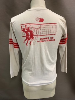 Mens, T-shirt, ENDLESS SUMMER, White, Red, Poly/Cotton, Solid, Stripes, L, CN, L/S, Red Stripes On Sleeves, Volleyball Net with Outline Of Man Jumping To Hit Volleyball, Holmes Ice & Cold Storage" All On Back,