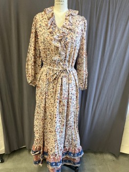 Womens, Dress, Long & 3/4 Sleeve, CHRISTY DAWN, Tan Brown, Cotton, M,  B36, Brown/Navy/ Light Gray/ Floral, Ruffle  Placket, Pleats, Puff Sleeves, Layer Hem, with  Attached Belt