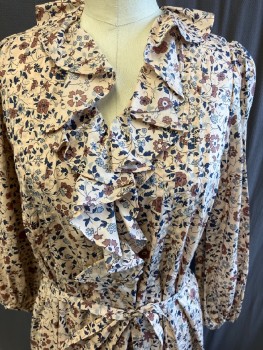 Womens, Dress, Long & 3/4 Sleeve, CHRISTY DAWN, Tan Brown, Cotton, M,  B36, Brown/Navy/ Light Gray/ Floral, Ruffle  Placket, Pleats, Puff Sleeves, Layer Hem, with  Attached Belt