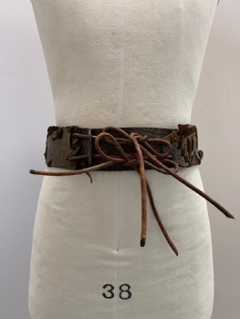 Unisex, Historical Fiction Belt, NO LABEL, Brown, Leather, 35, Stitching Detail, With Ties
