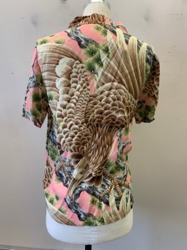 Mens, Hawaiian Shirt, STUSSY, Beige, Pink, Multi-color, Rayon, Animals, S, C.A., Button Front, S/S, 1 Pocket, Hawk On Gray Branches with Green Leaves