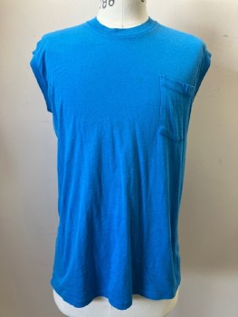 Mens, T-shirt, POCKET MUSCLE, Blue, Polyester, Cotton, Solid, XL, CN, Sleeveless, Chest Pocket,