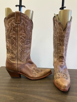Womens, Cowboy Boots, JUSTIN, 9B, Brown Leather with Cut Out Overlay At Toe, Brown/Rust/White Stitching