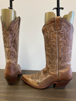 JUSTIN, Brown Leather with Cut Out Overlay At Toe, Brown/Rust/White Stitching