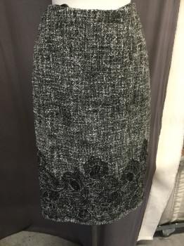 Womens, Skirt, Below Knee, CARMEN MARC VALVO, Black, White, Wool, Tweed, W: 29, 8, Straight, Salt and Pepper, Floral Self Floral Embroidery at Bottom, Silk Lining W/black and White Rose Print