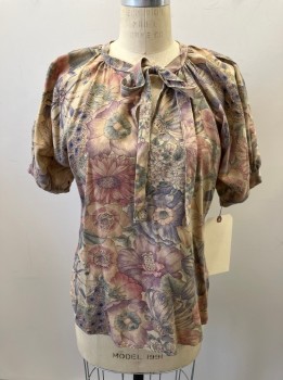 NL, Tan Brown, Lavender Purple, Pink, Green, Gray, Rayon, Floral, Puffy Dolman 3/4 Slv, Pullover, Self Tie Neck