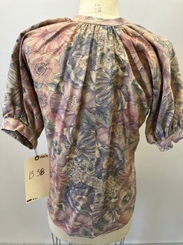 Womens, Top, NL, Tan Brown, Lavender Purple, Pink, Green, Gray, Rayon, Floral, B 36, Puffy Dolman 3/4 Slv, Pullover, Self Tie Neck
