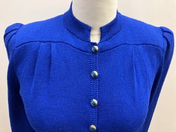 ST JOHN, Royal Blue, Wool, Solid, Knit, L/S, B.F. Placket, Stand Collar, Elastic Waist, Pleated Stick Up Shoulders, Pleated Yoke, Pleated Skirt,  Multiple, *has Been Altered