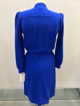 ST JOHN, Royal Blue, Wool, Solid, Knit, L/S, B.F. Placket, Stand Collar, Elastic Waist, Pleated Stick Up Shoulders, Pleated Yoke, Pleated Skirt,  Multiple, *has Been Altered