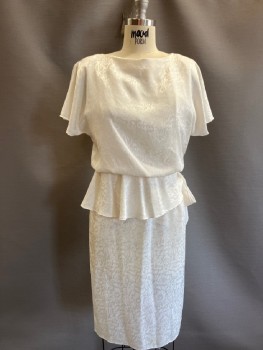 N/L, Cream, Polyester, Floral, Jacquard, Wide Neck Keyhole Back Neck, Flutter Draped S/S, Elastic Waist with Attached Self Tie Peplum Sash, Skirt Straight To Below Knee with Single Side Slit