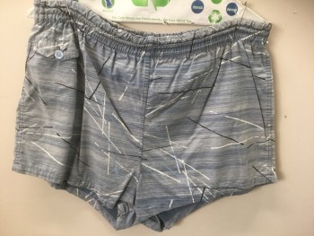 Mens, Swim Suit, MCGREGOR, Gray, Slate Blue, Black, White, Cotton, Abstract , W34-36, Men's Swim Trunks: Gray with Slate Streaked Pattern, Black and White Abstract Lines, Elastic Waist, White Mesh Lining Inside, 1 Watch Pocket at Front Waist