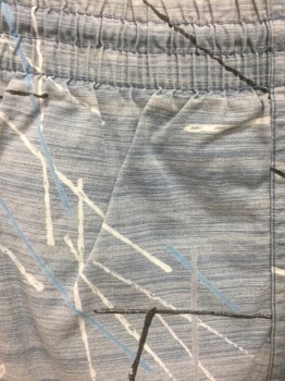 Mens, Swim Suit, MCGREGOR, Gray, Slate Blue, Black, White, Cotton, Abstract , W34-36, Men's Swim Trunks: Gray with Slate Streaked Pattern, Black and White Abstract Lines, Elastic Waist, White Mesh Lining Inside, 1 Watch Pocket at Front Waist