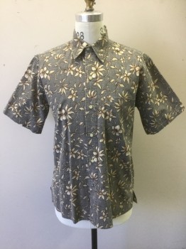 Mens, Casual Shirt, REYN SPOONER, Gray, Beige, Black, Poly/Cotton, Floral, M, Mens 80's Shirt. Short Sleeves, Collar Attached, Button Front, 1 Pocket,