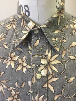 Mens, Casual Shirt, REYN SPOONER, Gray, Beige, Black, Poly/Cotton, Floral, M, Mens 80's Shirt. Short Sleeves, Collar Attached, Button Front, 1 Pocket,