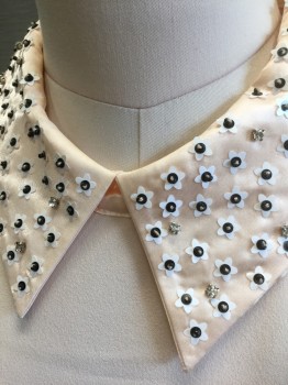 Womens, Dress, Sleeveless, BETSEY JOHNSON, Blush Pink, White, Black, Polyester, Solid, Floral, 8, Very Pale Peach/Blush Crepe, Sleeveless Shift Dress, Satin Collar Attached with White Flower Shaped Paillettes with Black Sequin and Silver Bead Centers, Gemstones Throughout, Invisible Zipper at Center Back