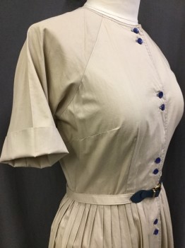 N/L, Khaki Brown, Navy Blue, Cotton, Solid, Round Neck,  Raglan Short Sleeves Cuffed, Button Front From Neck to Hem with Buttons in Groupings of 2, Navy Contrast Top Stitching, MATCHING BELT, Pleated Skirt
