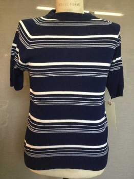 N/L, Navy Blue, White, Synthetic, Stripes, Crew Neck, Short Sleeve,