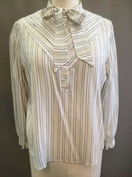 N/L, White, Black, Lt Yellow, Gray, Cotton, Stripes - Pin, Long Sleeve, 4 Button Front, Stand Collar with Self Ties, V Shape Pleated Yoke At Front, Puffy Gathered Sleeves, Elastic Cuffs, Made To Order,