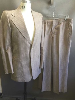Mens, 1970s Vintage, Suit, Jacket, N/L, Beige, White, Lt Blue, Cotton, Polyester, Stripes - Pin, 38L, Single Breasted, Wide Notched Lapel, 2 Buttons, 3 Pockets Including 2 Large Patch Pockets at Hips, Lining is Tan with Orange Polka Dots,