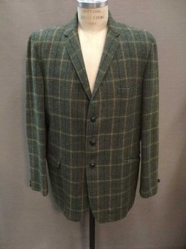 ALEXANDRE, Moss Green, Forest Green, Apricot Orange, Lt Green, Wool, Plaid, Single Breasted, Thin Collar Attached, Notched Lapel, 3 Pockets, 3 Buttons