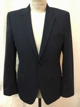 Mens, Suit, Jacket, HUGO BOSS, Black, Gray, Wool, Stripes - Pin, 38, Black with Gray Dashed/Specked Stripe, Single Breasted, Notched Lapel, 2 Buttons, 3 Pockets