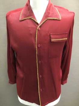 DA VINCI, Red, Goldenrod Yellow, Polyester, Solid, Long Sleeves, Button Front, 1 Pocket, Collar Attached, Embroidery Along Edges