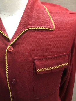 DA VINCI, Red, Goldenrod Yellow, Polyester, Solid, Long Sleeves, Button Front, 1 Pocket, Collar Attached, Embroidery Along Edges