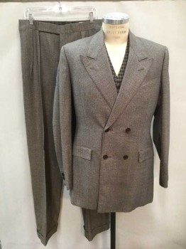 Mens, 1930s Vintage, Suit, Jacket, M.T.O., Dk Brown, Lt Brown, Blue, Wool, Houndstooth, 38L, Double Breasted, Peaked Lapel, 3 Pockets, Double, See FC013384