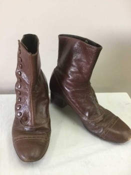 Womens, Boots 1890s-1910s, N/L, Brown, Leather, Solid, 6, Ankle Boots, Cap Toe with Hole Punch Edge Detail, Snap Closures with Brown Caps At Sides, Chunky 1.5" Heel, Reproduction Of Victorian Boot