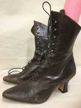 Womens, Boots 1890s-1910s, Varda, Chestnut Brown, Leather, Solid, 10, Cap Toe Lacing/Ties,  2.5" Covered Court Heel, Mid Calf High, Little Scuffy But Otherwise Very Nice Boot